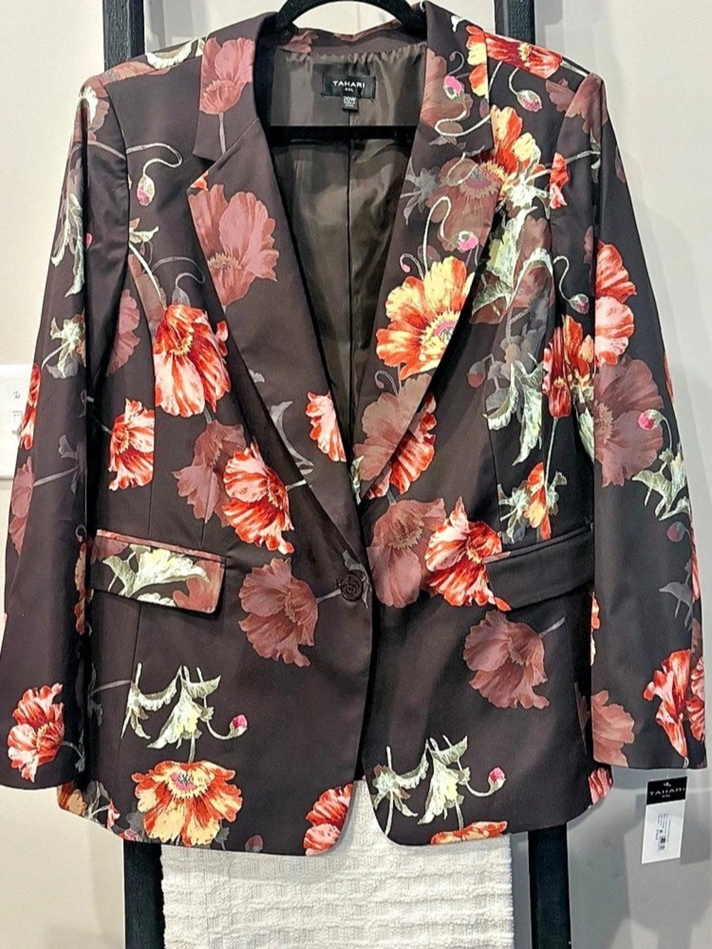 Tahari ASL Printed 1 Button Blazer Floral Brown & Red 20W NWT